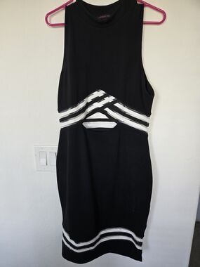 Material Girl Black Mini Dress with White Cutout Stripe Details